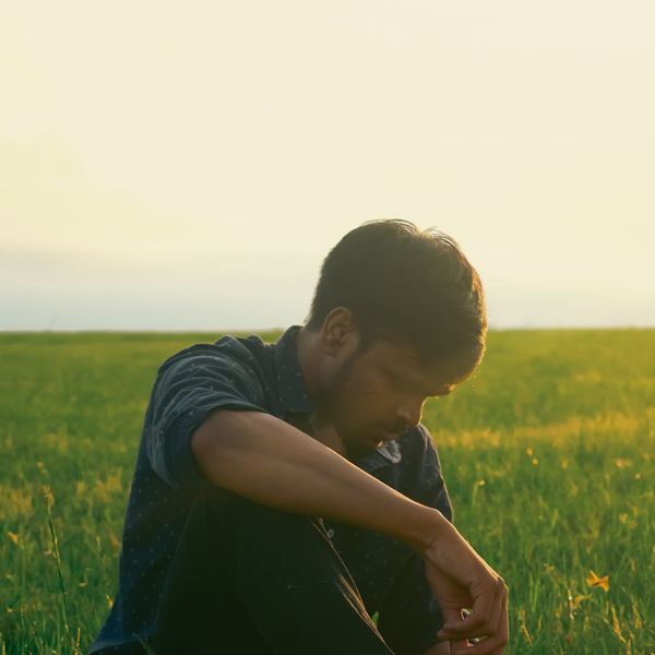 A tranquil scene of a person sitting by a window, looking out at a green landscape.
